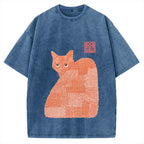 Geometric Patchwork Cat Vintage Washed T-shirt