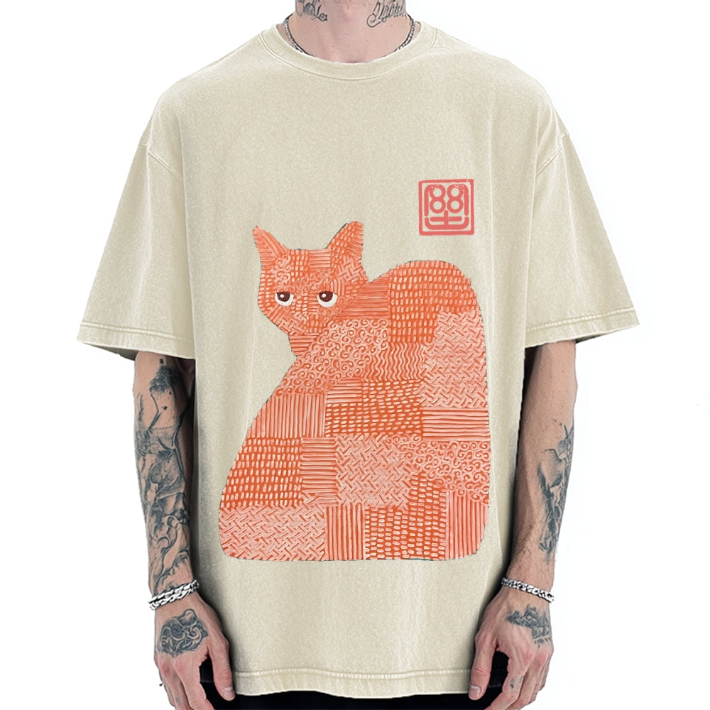 Geometric Patchwork Cat Vintage Washed T-shirt