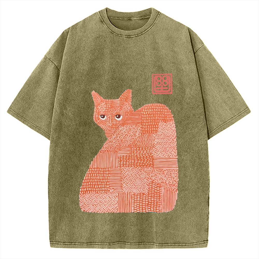 Geometric Patchwork Cat Vintage Washed T-shirt
