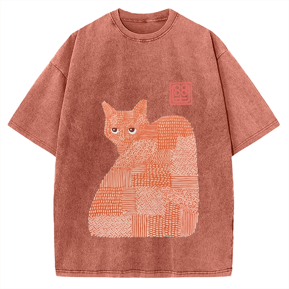 Geometric Patchwork Cat Vintage Washed T-shirt