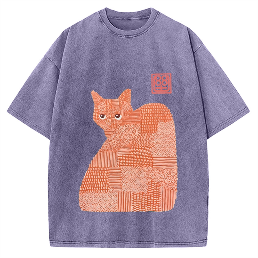 Geometric Patchwork Cat Vintage Washed T-shirt