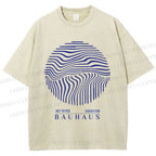 Unisex Bauhaus Geometric Circular Waves Printed Washed Tee
