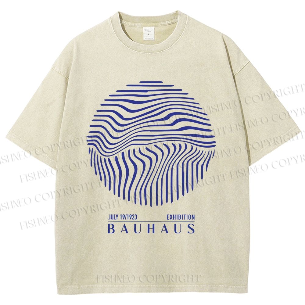 Unisex Bauhaus Geometric Circular Waves Printed Washed Tee