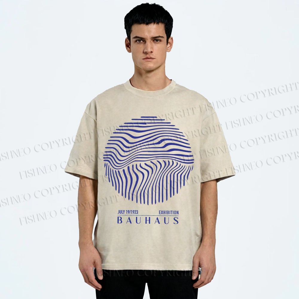 Unisex Bauhaus Geometric Circular Waves Printed Washed Tee