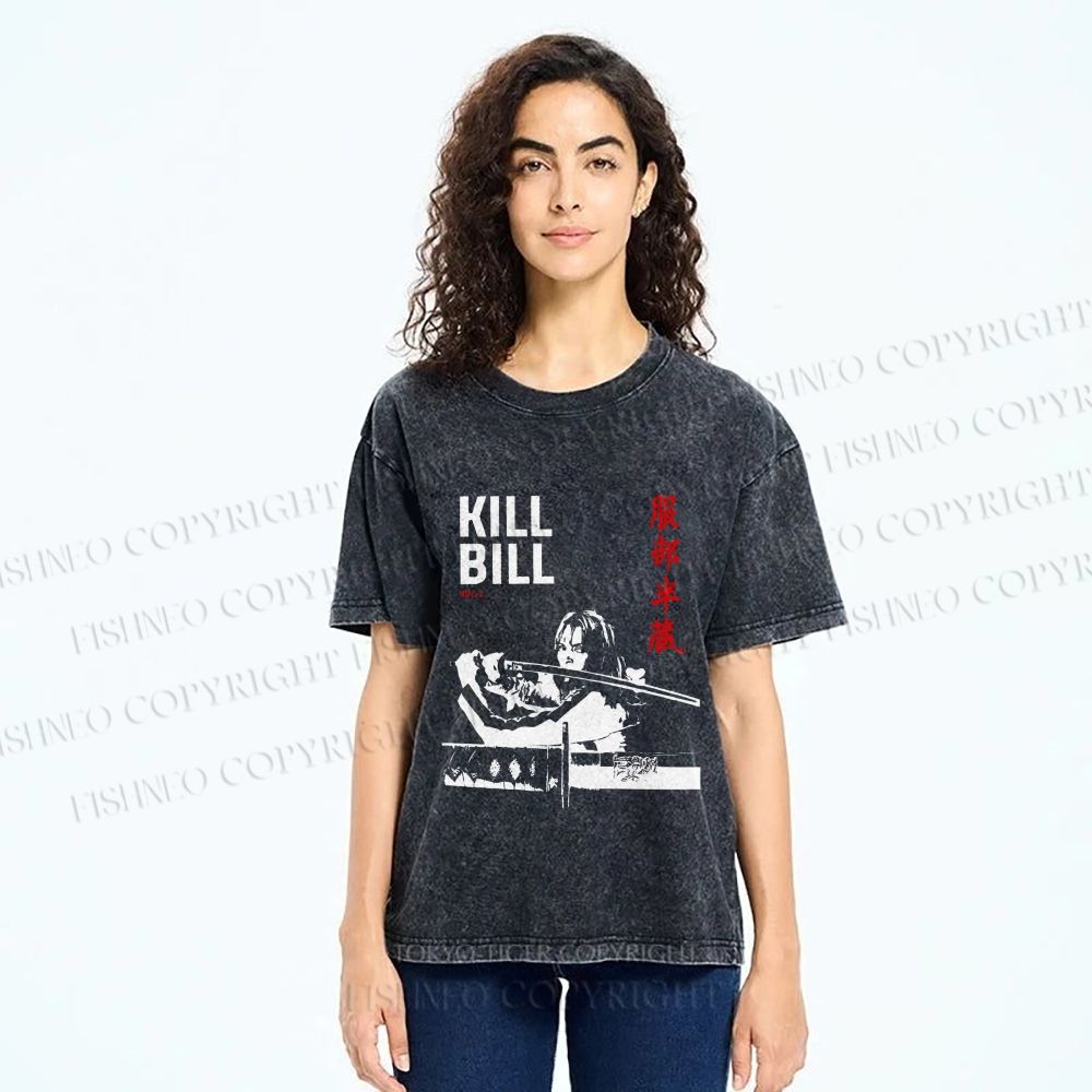 Unisex Kill Bill Japanese Graffiti Printed Washed Tee