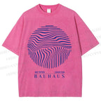 Unisex Bauhaus Geometric Circular Waves Printed Washed Tee