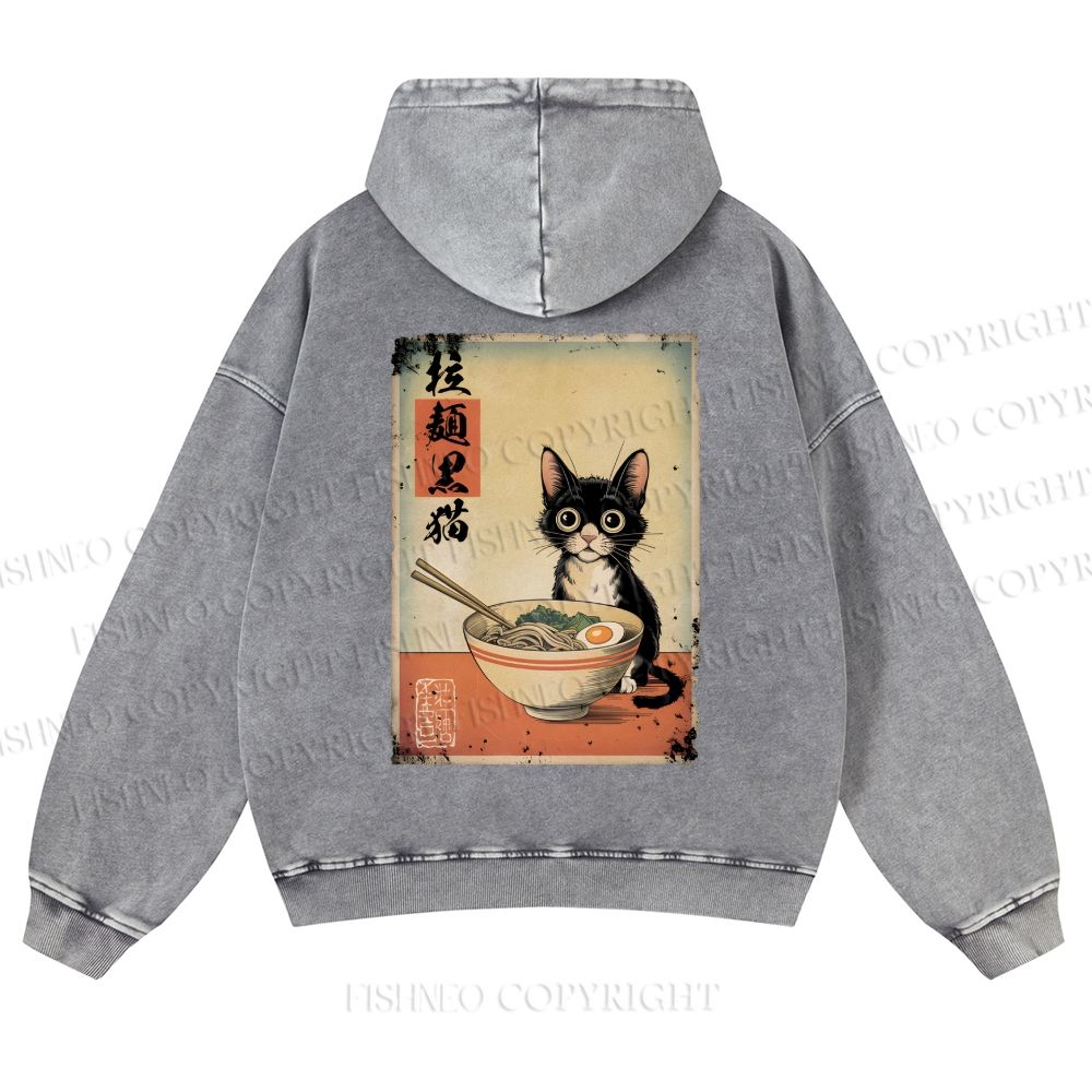 Ramen Black Cat Printed Casual Washed Hoodie