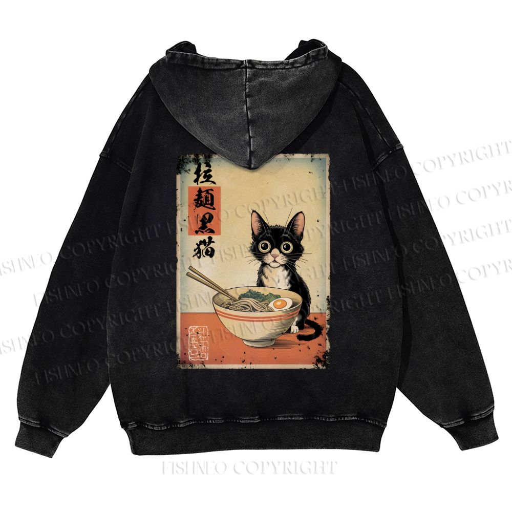 Ramen Black Cat Printed Casual Washed Hoodie