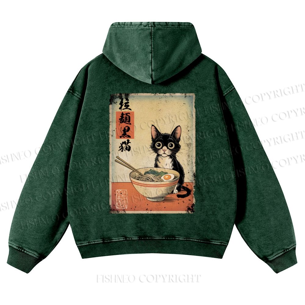 Ramen Black Cat Printed Casual Washed Hoodie