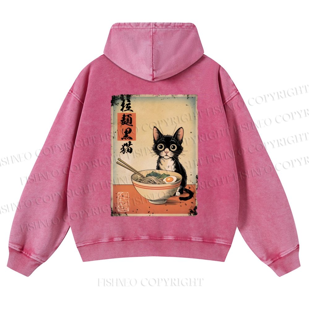 Ramen Black Cat Printed Casual Washed Hoodie