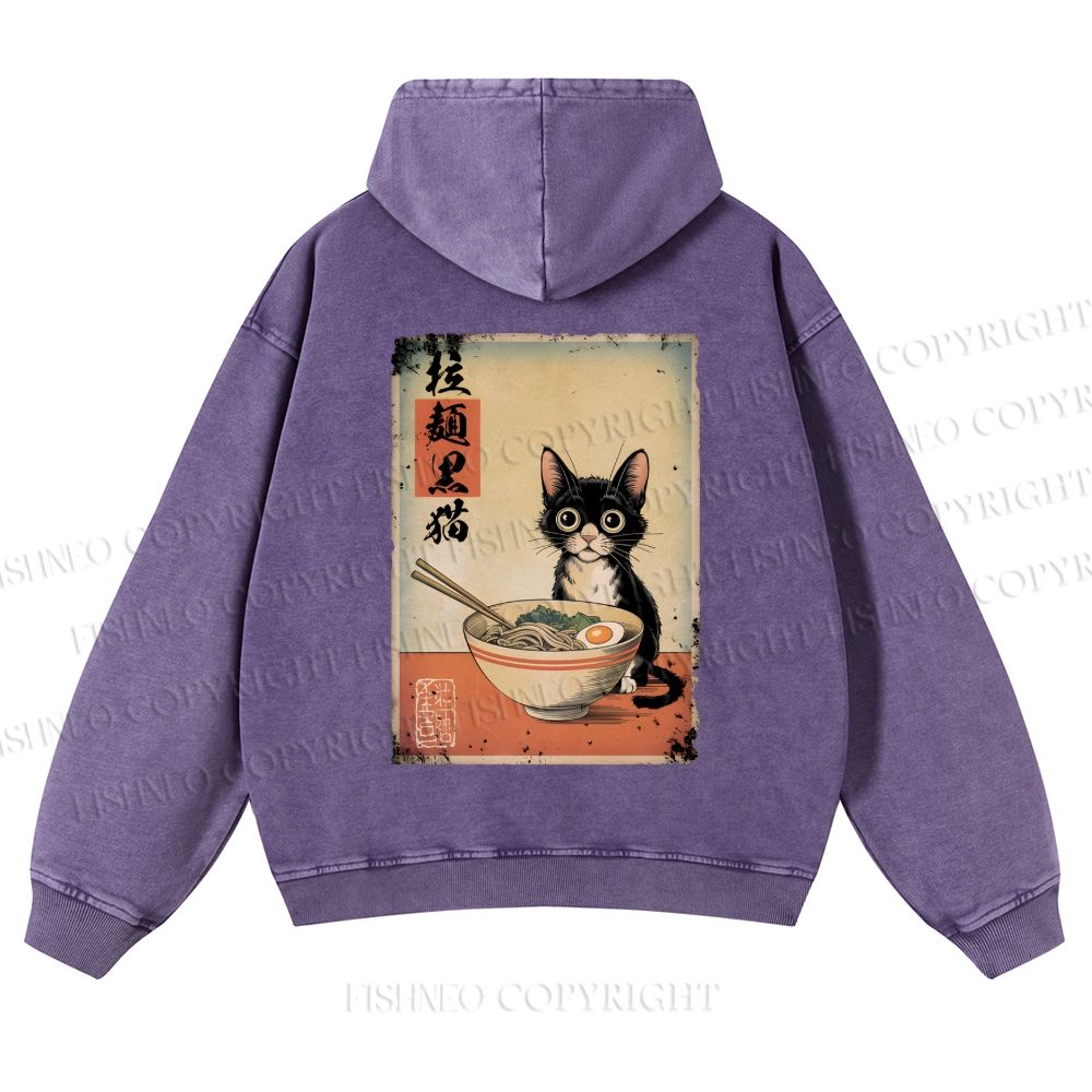 Ramen Black Cat Printed Casual Washed Hoodie