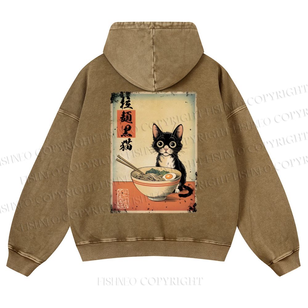 Ramen Black Cat Printed Casual Washed Hoodie