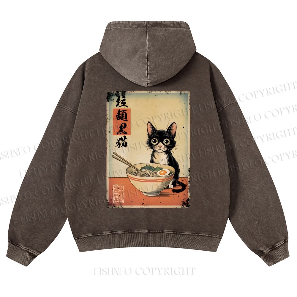 Ramen Black Cat Printed Casual Washed Hoodie