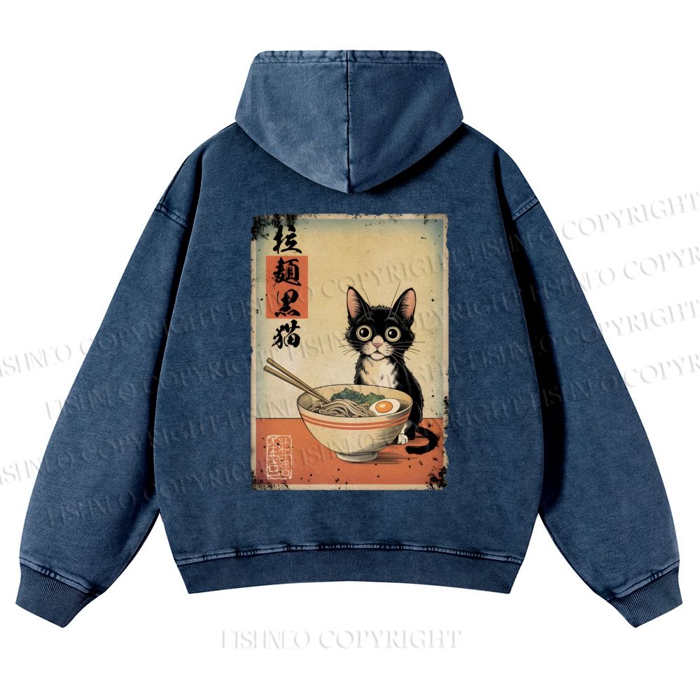 Ramen Black Cat Printed Casual Washed Hoodie