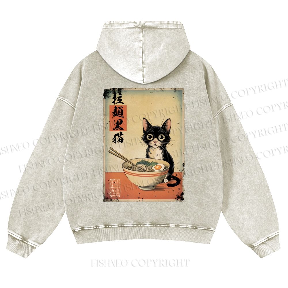 Ramen Black Cat Printed Casual Washed Hoodie