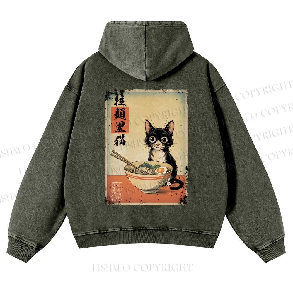 Ramen Black Cat Printed Casual Washed Hoodie