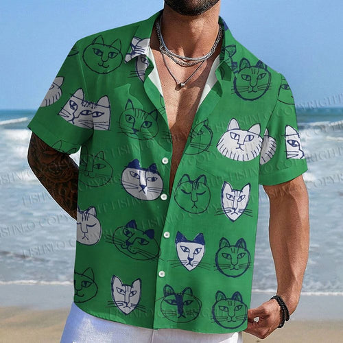 Artistic Cat Face Printed Men's Short-sleeved Shirts