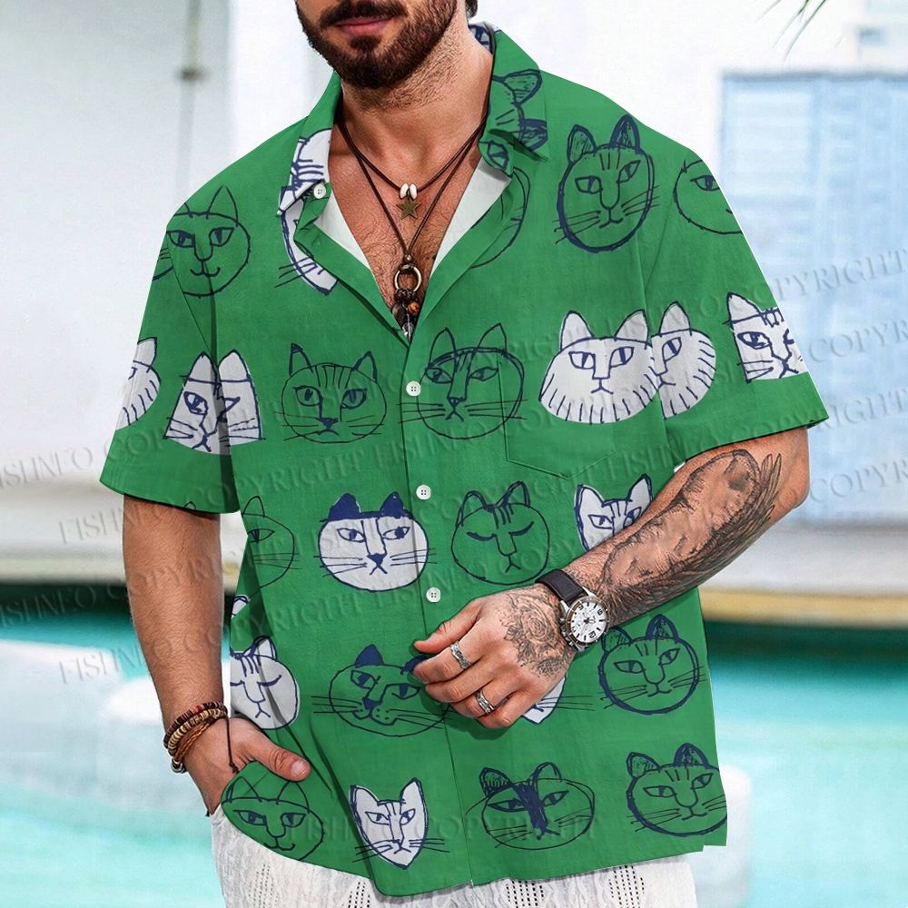 Artistic Cat Face Printed Men's Short-sleeved Shirts