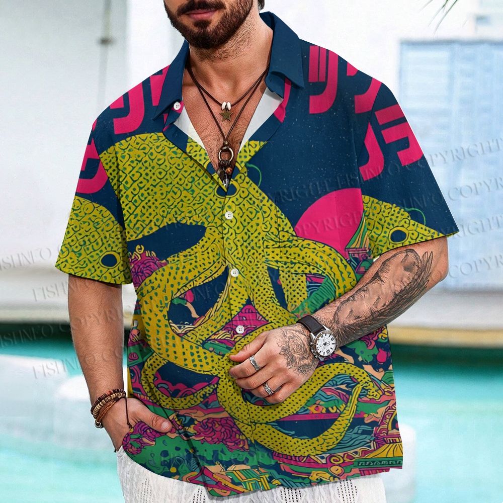 Japanese Ukiyo-e Vintage Octopus Printed Men's Short-sleeved Shirts