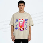 Unisex Funny Japanese Fortune Cat Printed Washed Tee