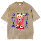 Unisex Funny Japanese Fortune Cat Printed Washed Tee