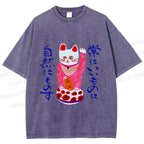 Unisex Funny Japanese Fortune Cat Printed Washed Tee