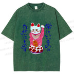 Unisex Funny Japanese Fortune Cat Printed Washed Tee