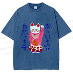 Unisex Funny Japanese Fortune Cat Printed Washed Tee