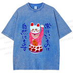 Unisex Funny Japanese Fortune Cat Printed Washed Tee