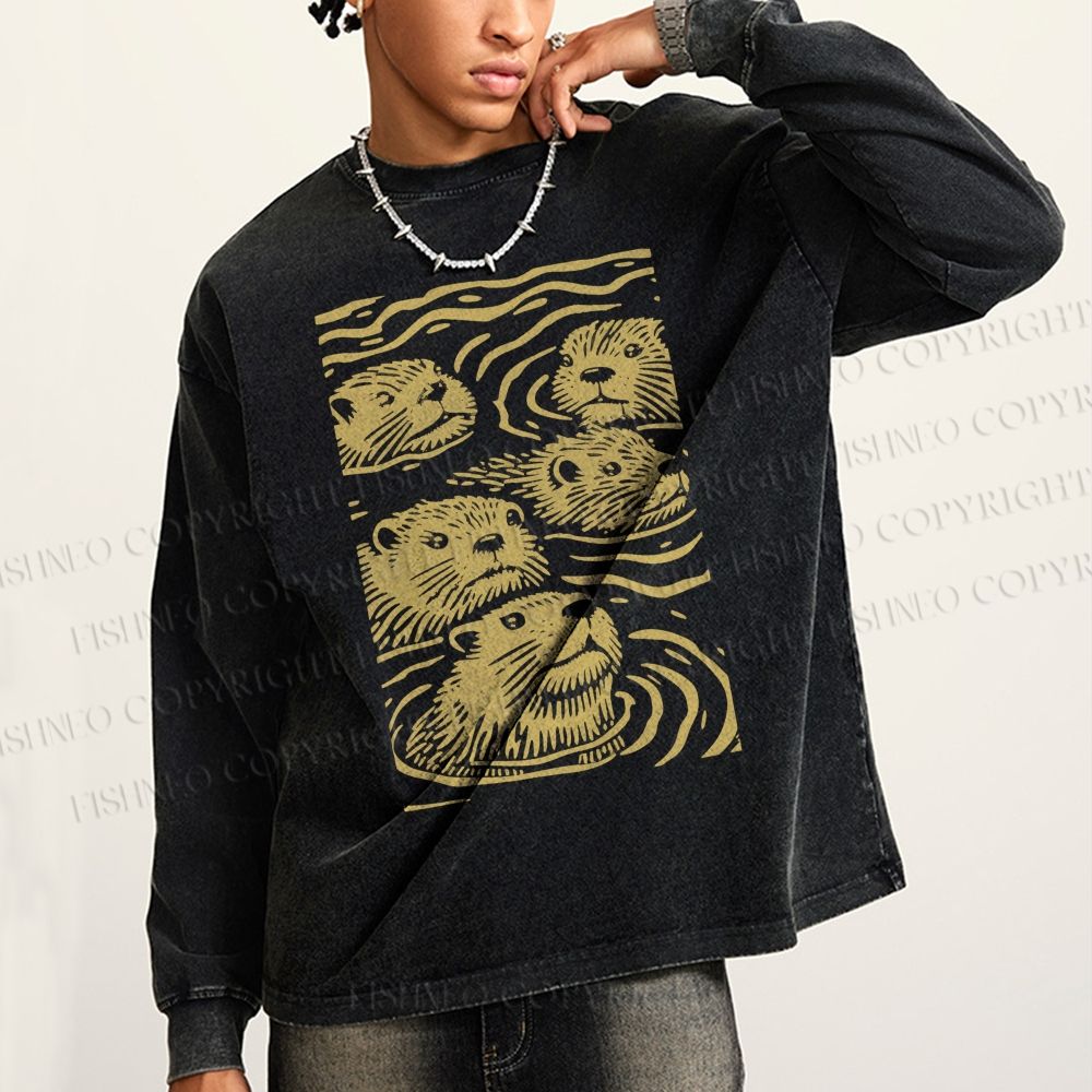 Unisex Casual Washed Woodcut Otter Printed Long Sleeve T-shirt