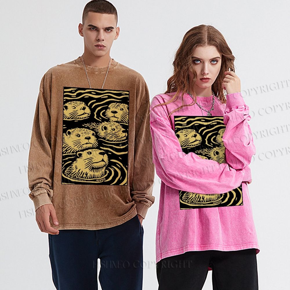 Unisex Casual Washed Woodcut Otter Printed Long Sleeve T-shirt