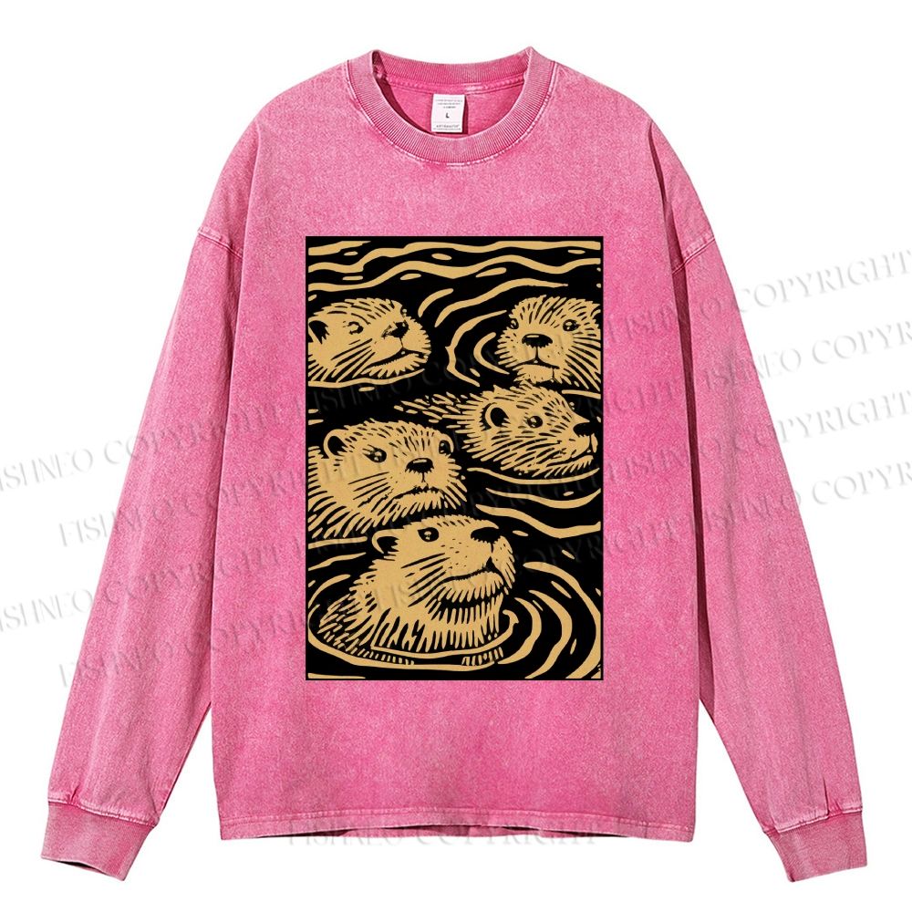 Unisex Casual Washed Woodcut Otter Printed Long Sleeve T-shirt