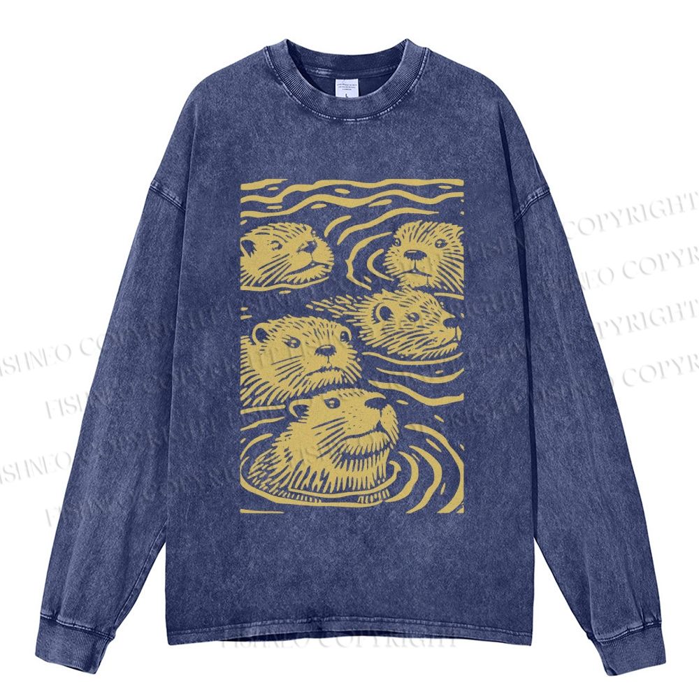 Unisex Casual Washed Woodcut Otter Printed Long Sleeve T-shirt