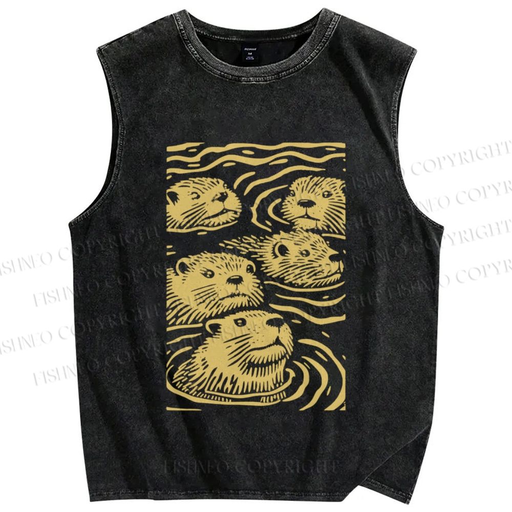 Unisex Woodcut Otter Printed Washed Tank Top