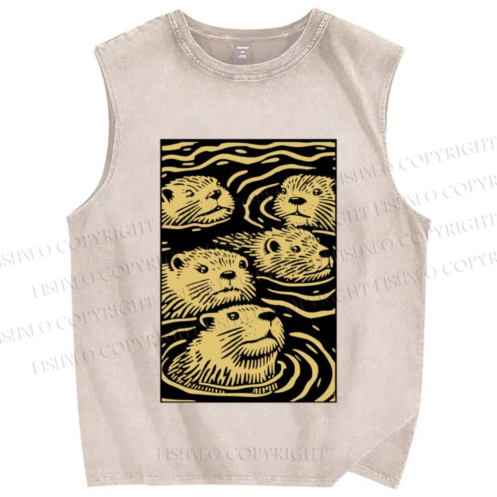 Unisex Woodcut Otter Printed Washed Tank Top