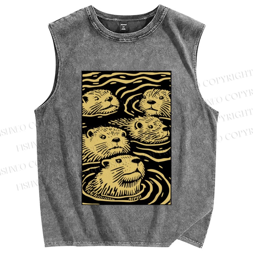 Unisex Woodcut Otter Printed Washed Tank Top
