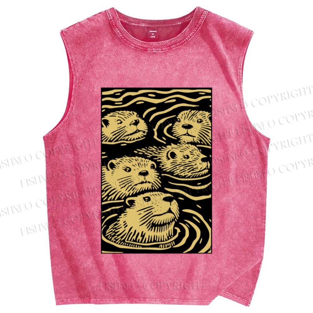 Unisex Woodcut Otter Printed Washed Tank Top