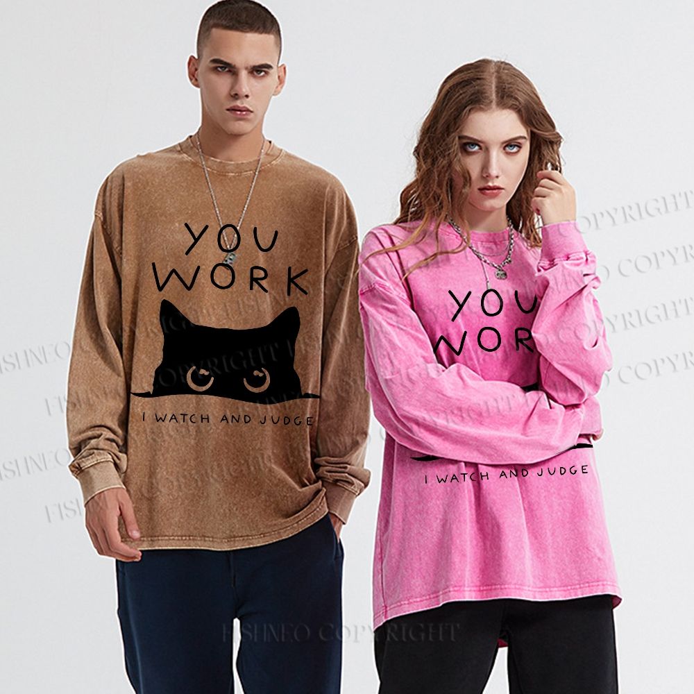 Unisex Casual Washed Black Cat Watching Your Work Vintage Printed Long Sleeve T-shirt