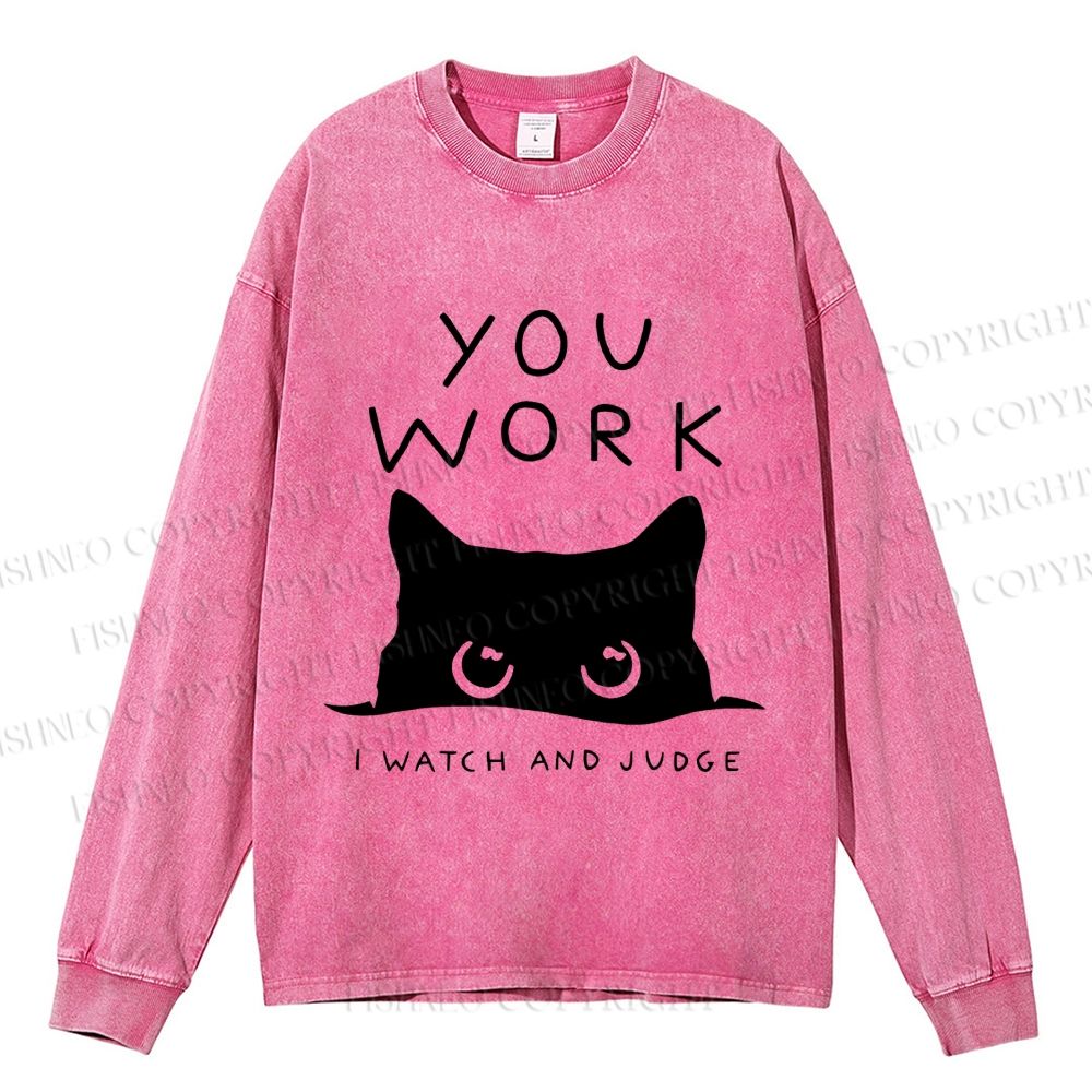 Unisex Casual Washed Black Cat Watching Your Work Vintage Printed Long Sleeve T-shirt