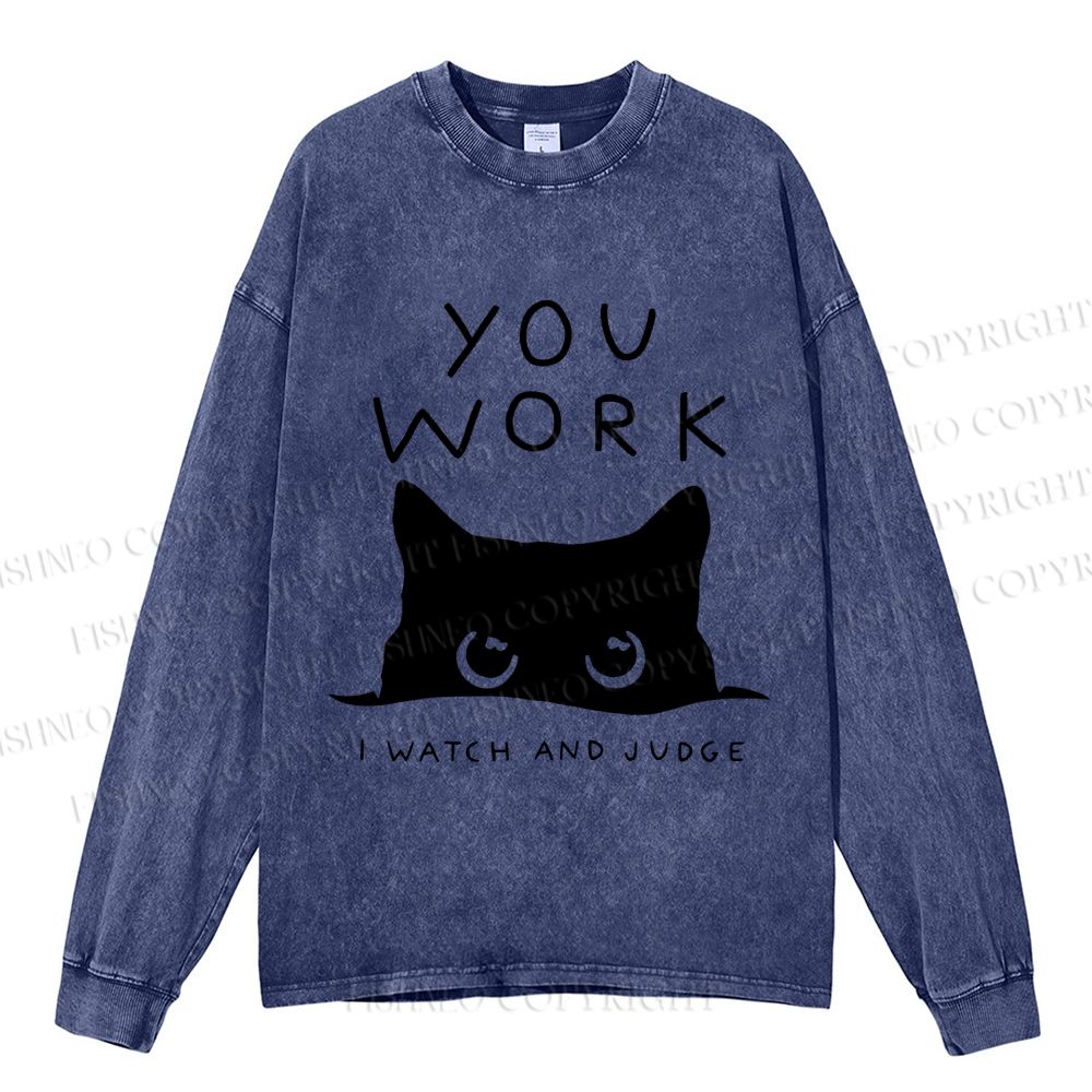 Unisex Casual Washed Black Cat Watching Your Work Vintage Printed Long Sleeve T-shirt