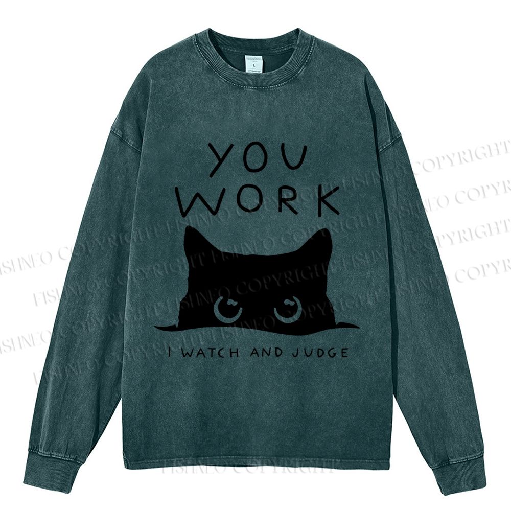Unisex Casual Washed Black Cat Watching Your Work Vintage Printed Long Sleeve T-shirt