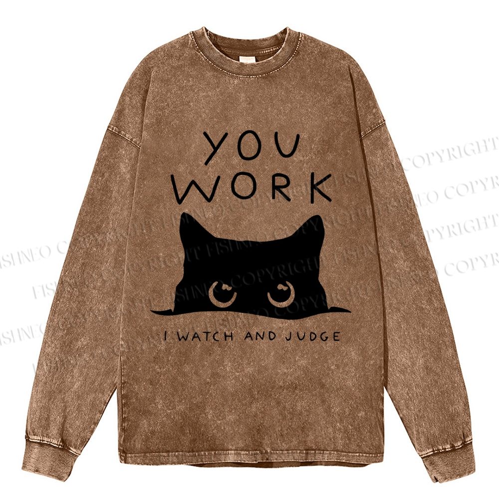 Unisex Casual Washed Black Cat Watching Your Work Vintage Printed Long Sleeve T-shirt