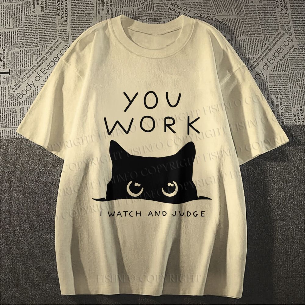 Unisex Black Cat Watching Your Work Vintage Classic Cotton T-shirt