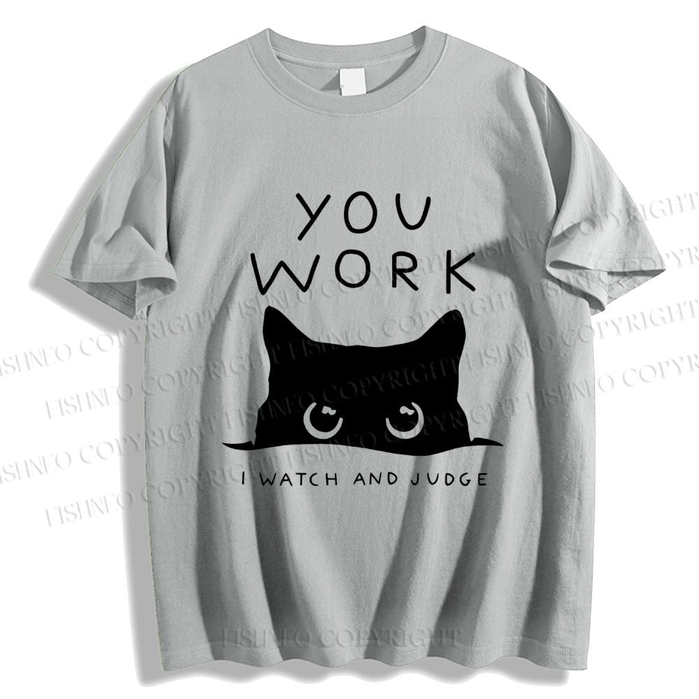 Unisex Black Cat Watching Your Work Vintage Classic Cotton T-shirt