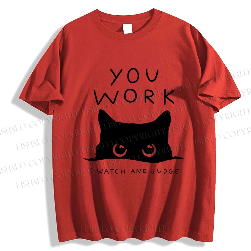 Unisex Black Cat Watching Your Work Vintage Classic Cotton T-shirt