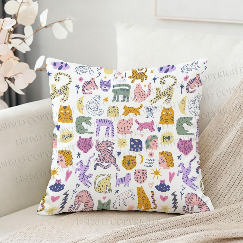 Colorful Cartoon Cat Printed Throw Pillow