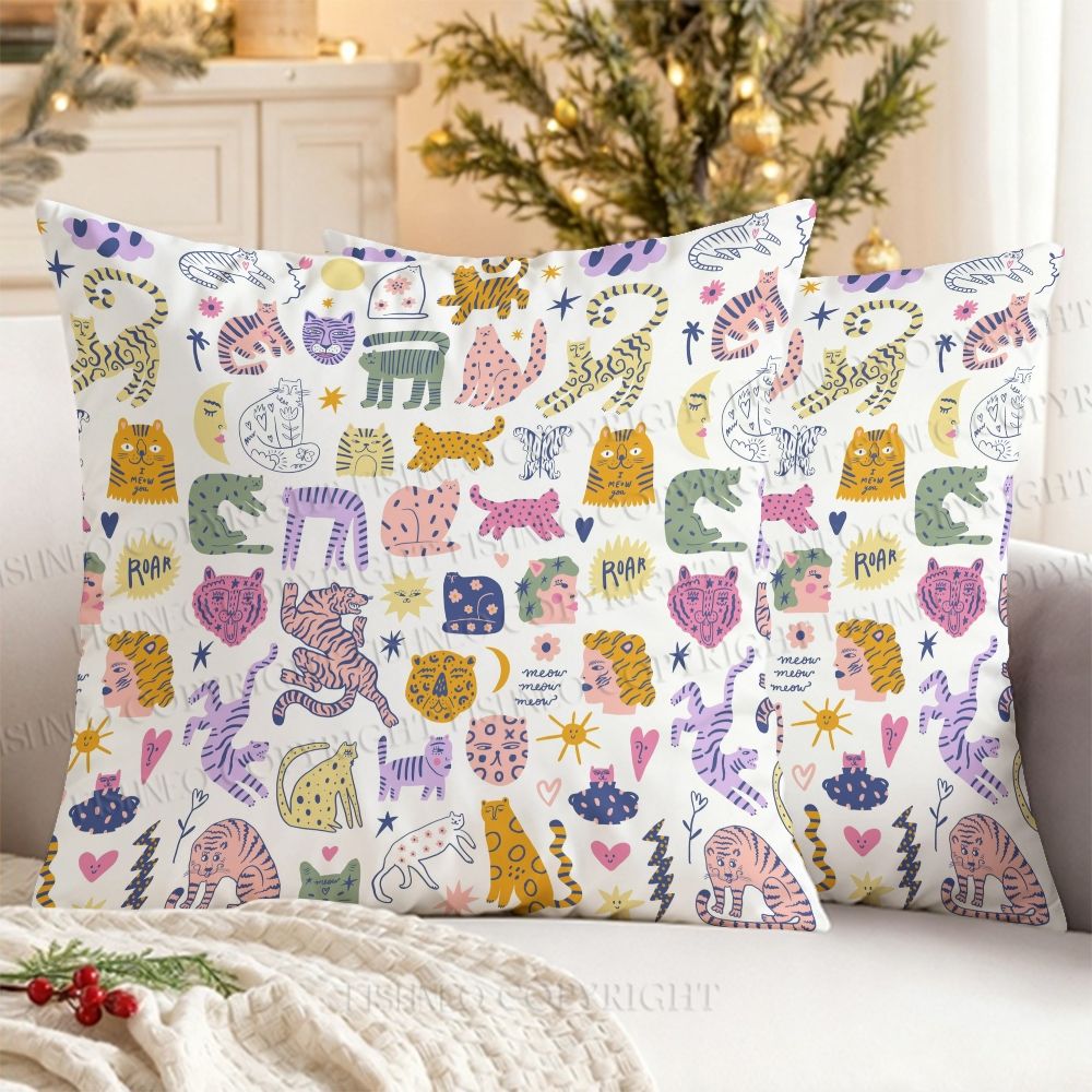 Colorful Cartoon Cat Printed Throw Pillow