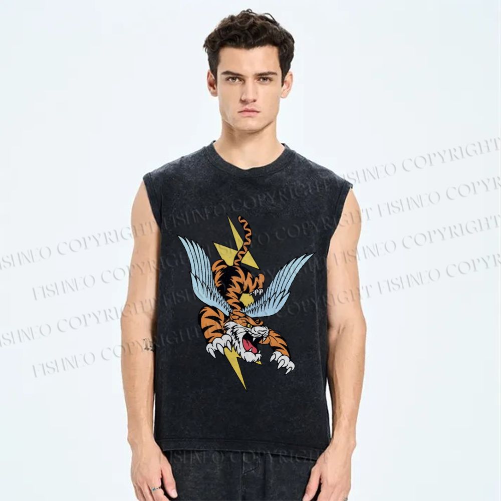Unisex Flash Tiger Fly Printed Washed Tank Top