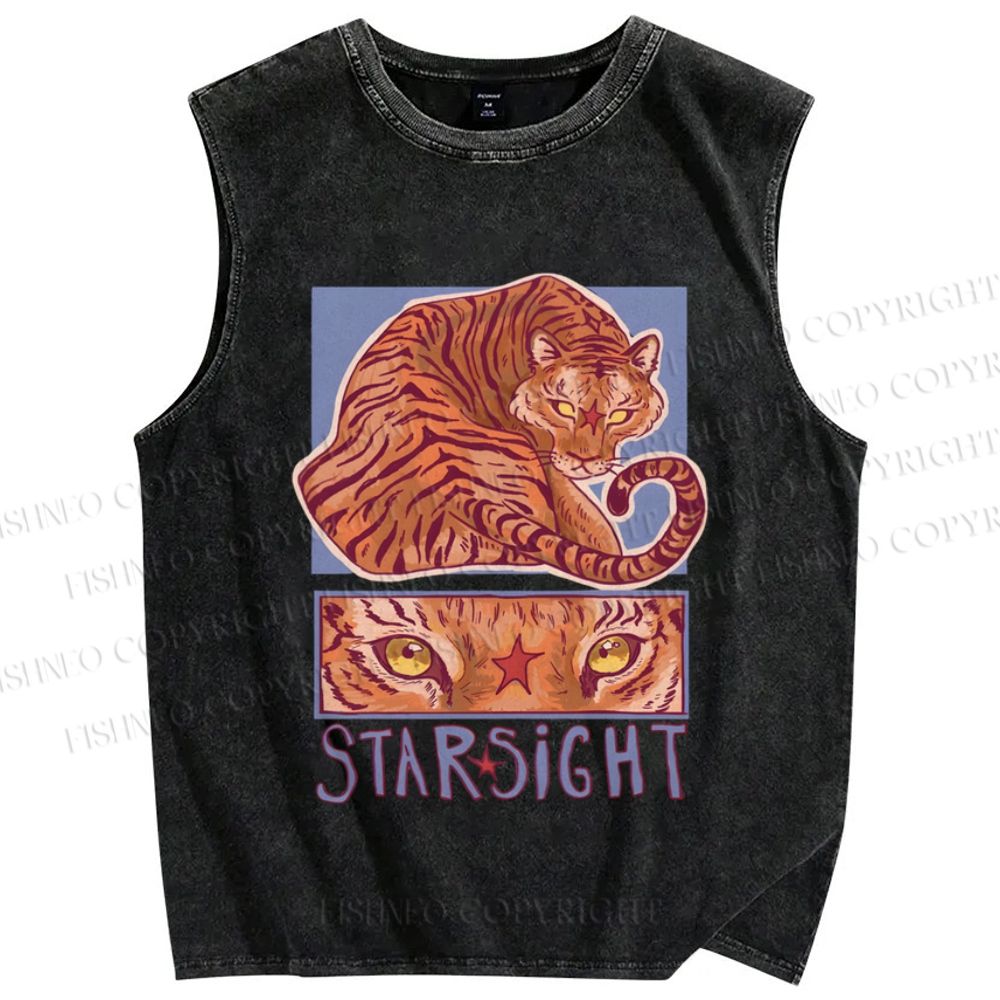 Unisex Star Sight Tiger Printed Washed Tank Top