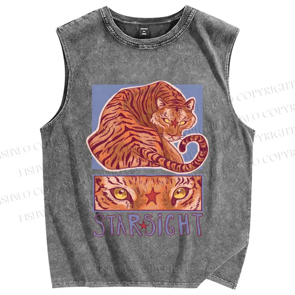 Unisex Star Sight Tiger Printed Washed Tank Top